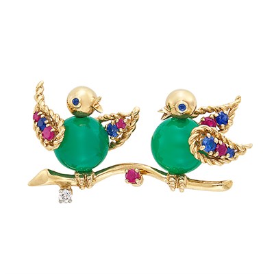 Lot 440 - Gold, Green Chalcedony Bead, Ruby, Sapphire and Diamond Love Bird Brooch, Tiffany & Co.