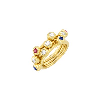 Lot 312 - Three Gold, Diamond, Ruby and Sapphire Stacking Rings, Tiffany & Co., Paloma Picasso