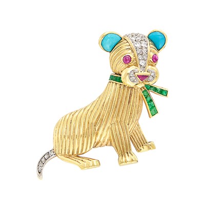 Lot 217 - Two-Color Gold, Diamond, Ruby, Turquoise and Emerald Animal Clip-Brooch, Mauboussin, France