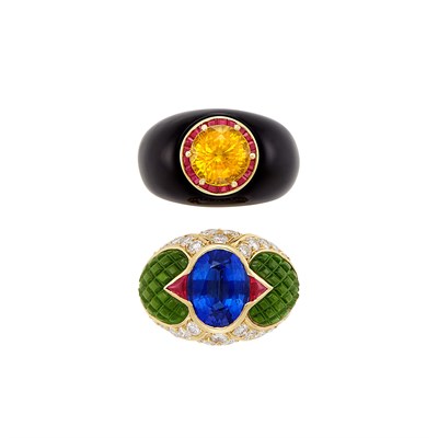 Lot 244 - Gold, Orange Sapphire, Ruby and Black Onyx Ring and Gold, Tanzanite, Diamond, Ruby and Carved Green Glass Ring