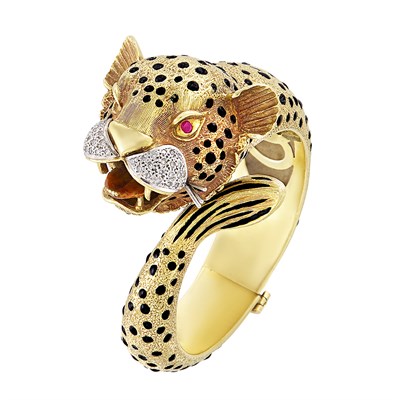 Lot 5 - Gold, Black Enamel, Diamond and Ruby Leopard Bangle Bracelet