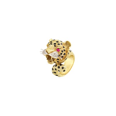 Lot 4 - Gold, Black Enamel, Ruby and Diamond Leopard Ring