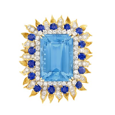 Lot 405 - Gold, Platinum, Aquamarine, Diamond and Sapphire Clip-Brooch, Tiffany & Co.
