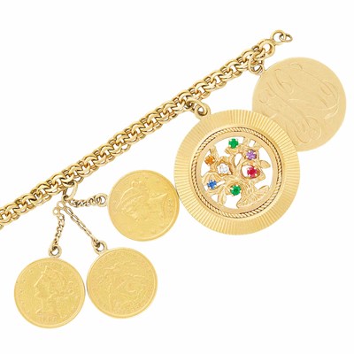 Lot 540 - Gold, Gold Coin and Gem-Set Charm Bracelet