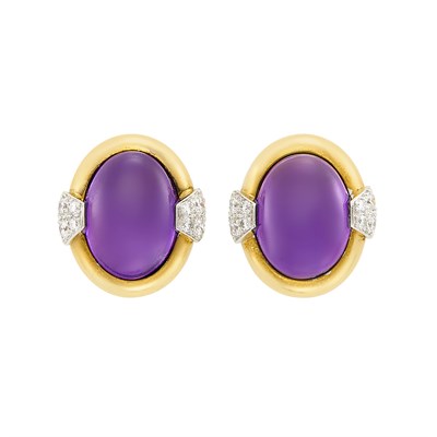 Lot 113 - Pair of Gold, Platinum, Cabochon Amethyst and Diamond Earclips, David Webb