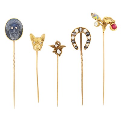 Lot 33 - Five Antique Gold, Diamond and Colored Stone Stickpins