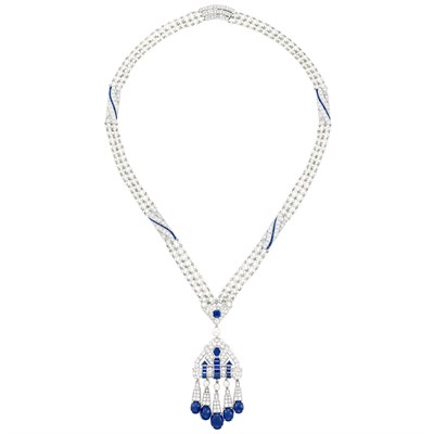 Lot 464 - Art Deco Platinum, White Gold, Sapphire, Diamond and Pearl Sautoir