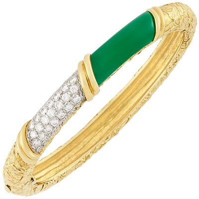 Lot 443 - Gold, Platinum, Diamond and Green Chalcedony Bangle Bracelet, Van Cleef & Arpels, France