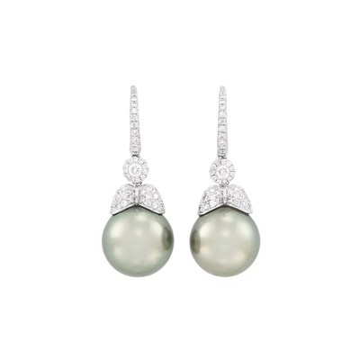 Lot 190 - Pair of White Gold, Tahitian Grey Cultured Pearl and Diamond Pendant-Earrings