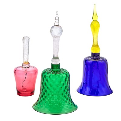 Lot 359 - Three Variously Colored Blown Glass Bells...