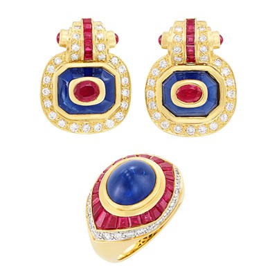 Lot 421 - Pair of Two-Color Gold, Sapphire, Ruby and Diamond Earrings and Ring