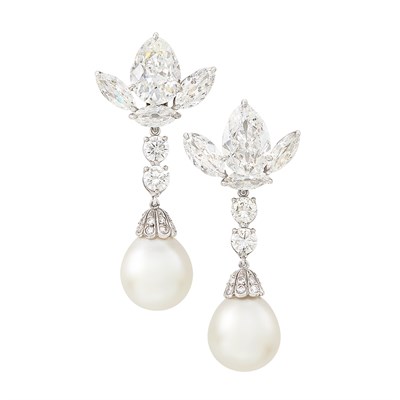 Lot 472 - Pair of Platinum, Diamond and South Sea Cultured Pearl Pendant-Earrings