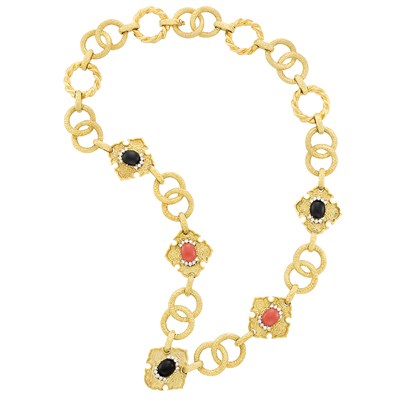 Lot 445 - Long Gold, Coral, Black Onyx and Diamond Necklace, R. Stone