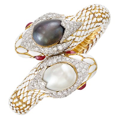 Lot 449 - Gold, Platinum, Tahitian Grey and South Sea Cultured Pearl, Diamond, Ruby and Enamel Snake Bangle Bracelet, David Webb