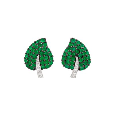 Lot 121 - Pair of White Gold, Blackened Gold, Emerald and Diamond Leaf Earrings
