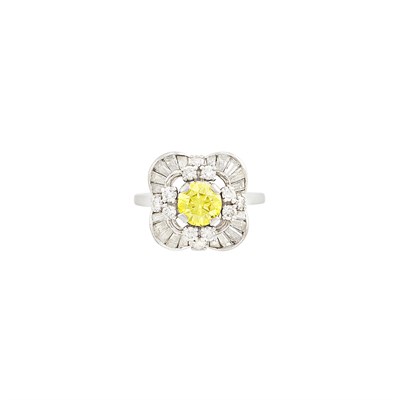 Lot 388 - Platinum, Fancy Intense Yellow Diamond and Diamond Ring
