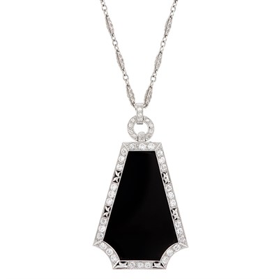Lot 312 - Platinum, Black Onyx and Diamond Pendant with White Gold Chain
