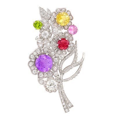 Lot 431 - Platinum, Diamond and Gem-Set Flower Clip-Brooch