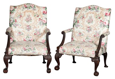 Lot 307 - Pair of George II Style Walnut Open Armchairs...