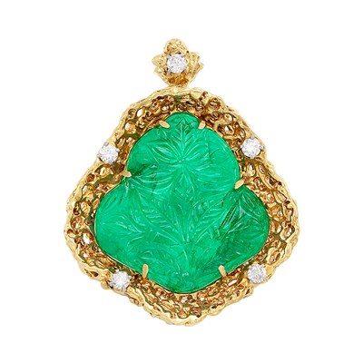 Lot 214 - Gold, Carved Emerald and Diamond Pendant
