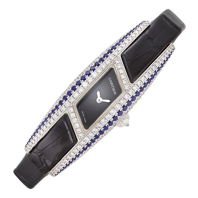 Lot 166 - White Gold Diamond and Sapphire 'Himalia' Parallelogram Wristwatch, Cartier