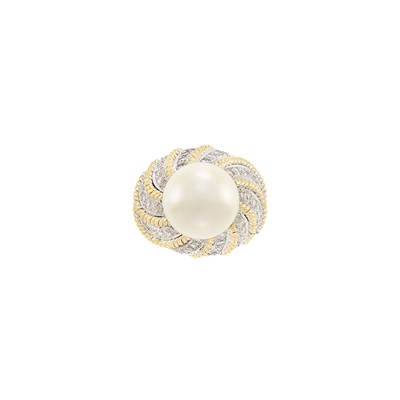 Lot 385 - Two-Color Gold, Cultured Pearl and Diamond Ring, Trio