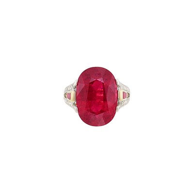 Lot 116 - Two-Color Gold, Rubellite, Ruby and Diamond Ring