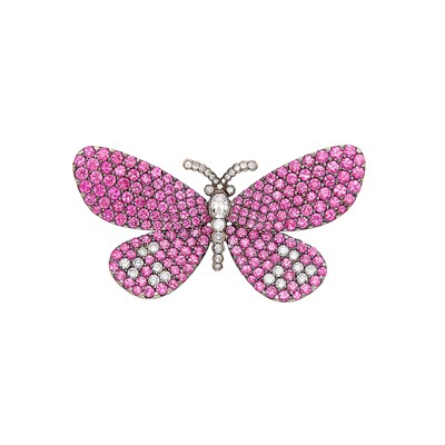 Lot 276 - Blackened Gold, Pink Sapphire and Diamond Butterfly Pin
