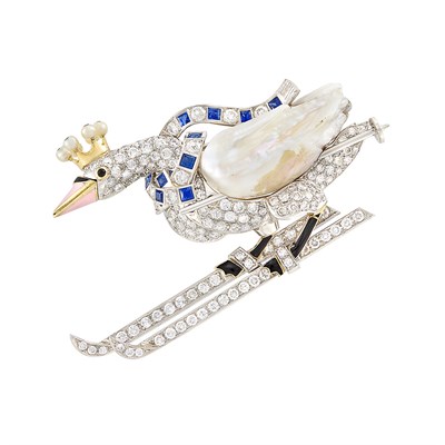 Lot 177 - Platinum, Baroque Natural Freshwater Pearl, Diamond, Sapphire and Enamel Brooch