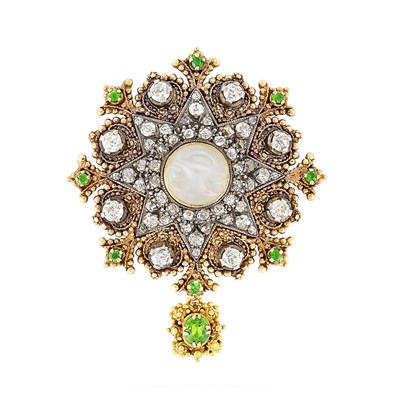 Lot 363 - Antique Gold, Silver, Carved Moonstone, Diamond, and Demantoid Garnet Pendant-Brooch