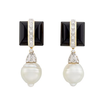Lot 303 - Pair of Two-Color Gold, Black Onyx, South Sea Cultured Pearl and Diamond Pendant-Earrings