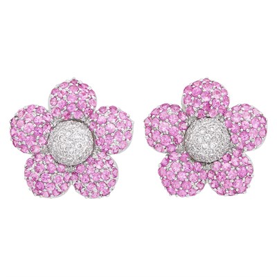 Lot 160 - Pair of White Gold, Pink Sapphire, Diamond and Cultured Pearl Interchangeable Flower Earrings