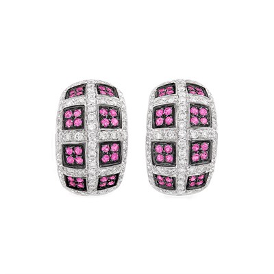 Lot 162 - Pair of White Gold, Blackened Gold, Diamond and Pink Sapphire Hoop Earrings