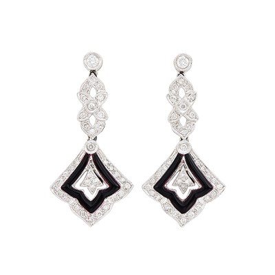 Lot 286 - Pair of White Gold, Diamond and Black Onyx Pendant-Earrings