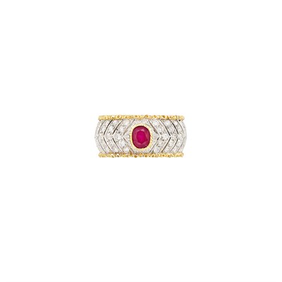 Lot 222 - Two-Color Gold, Ruby and Diamond Band Ring, Mario Buccellati