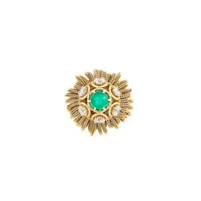 Lot 221 - Gold, Cabochon Emerald and Diamond Fringe Ring, France
