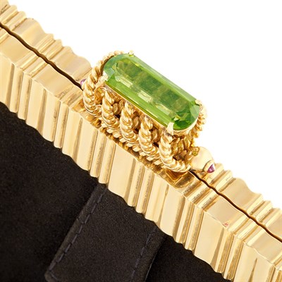 Lot 127 - Gold, Peridot, Cabochon Ruby and Dark Brown Suede Handbag, Cartier