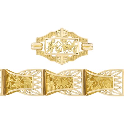 Lot 135 - Two-Color Gold Inca Motif Bracelet and Pin