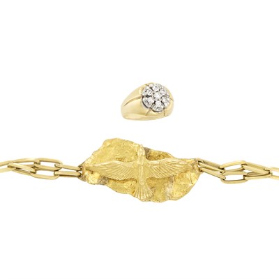 Lot 243 - Gold Eagle Bracelet and Two-Color Gold and Diamond Ring