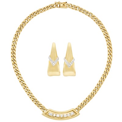 Lot 251 - Two-Color Gold and Diamond Necklace and Pair of Hoop Earrings