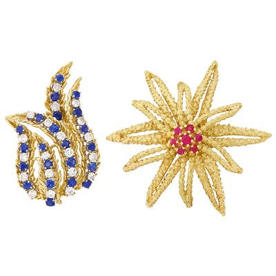 Lot 322 - Two Two-Color Gold, Diamond, Sapphire and Pink Sapphire Brooches