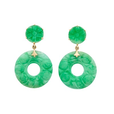 Lot 252 - Pair of Gold and Carved Jade Pendant-Earrings