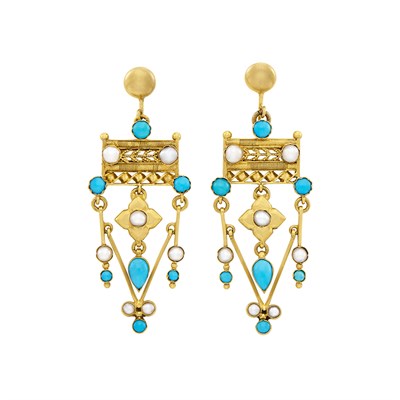 Lot 15 - Pair of Antique Gold, Low Karat Gold, Turquoise and Split Pearl Pendant-Earrings