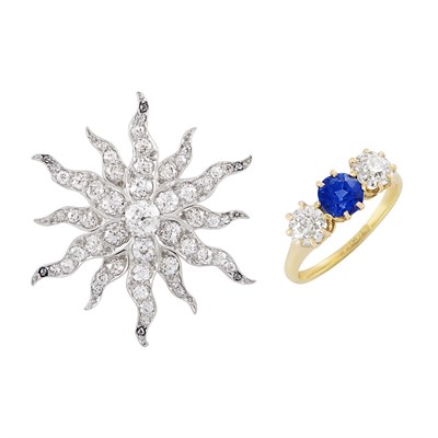 Lot 8 - Antique Platinum-Topped Gold and Diamond Starburst Pin and Antique Gold, Diamond and Sapphire Ring