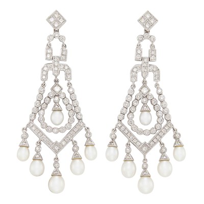 Lot 486 - Pair of White Gold, Diamond and Freshwater Pearl Pendant-Earrings