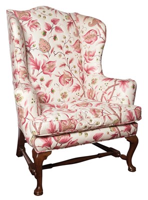 Lot 356 - Queen Anne Style Upholstered Walnut Wing Chair