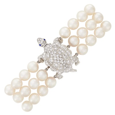 Lot 337 - Triple Strand Cultured Pearl Bracelet with Platinum, Diamond and Sapphire Turtle Clasp, Tiffany & Co.