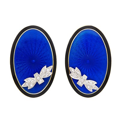 Lot 2 - Pair of Edwardian Gold, Platinum, Diamond and Guilloché Enamel Earrings