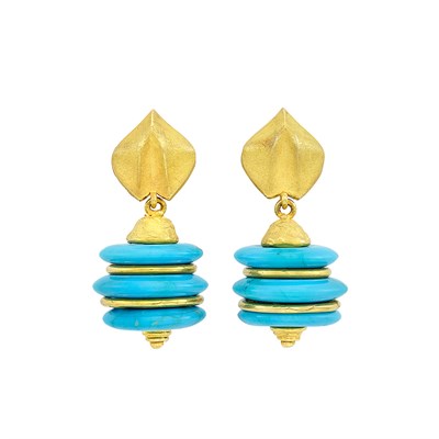 Lot 226 - Pair of Gold and Turquoise Pendant-Earrings