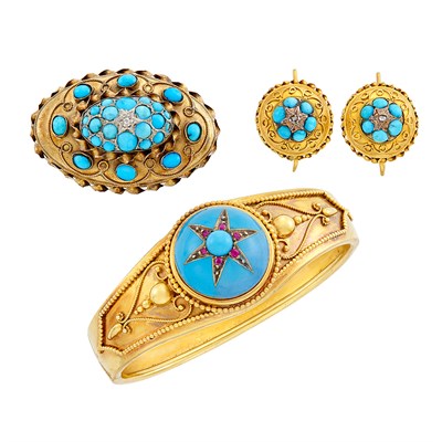 Lot 19 - Antique Gold, Turquoise, Enamel, Ruby and Diamond Bangle Bracelet, Brooch and Pair of Earrings